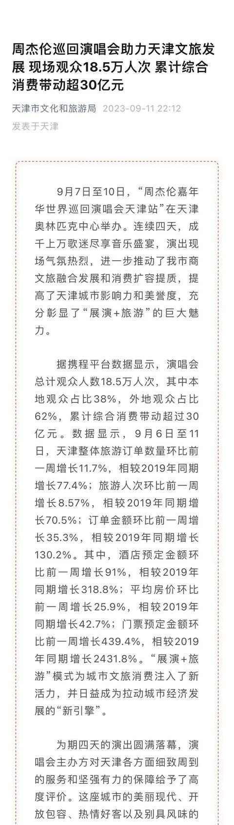 周杰伦天津四天演唱会现场观众18.5万人次 带动消费超30亿元封面图