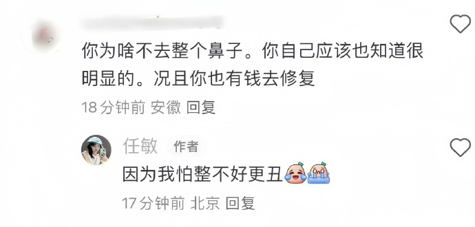 任敏回复网友让自己整鼻子 称怕整不好更丑封面图